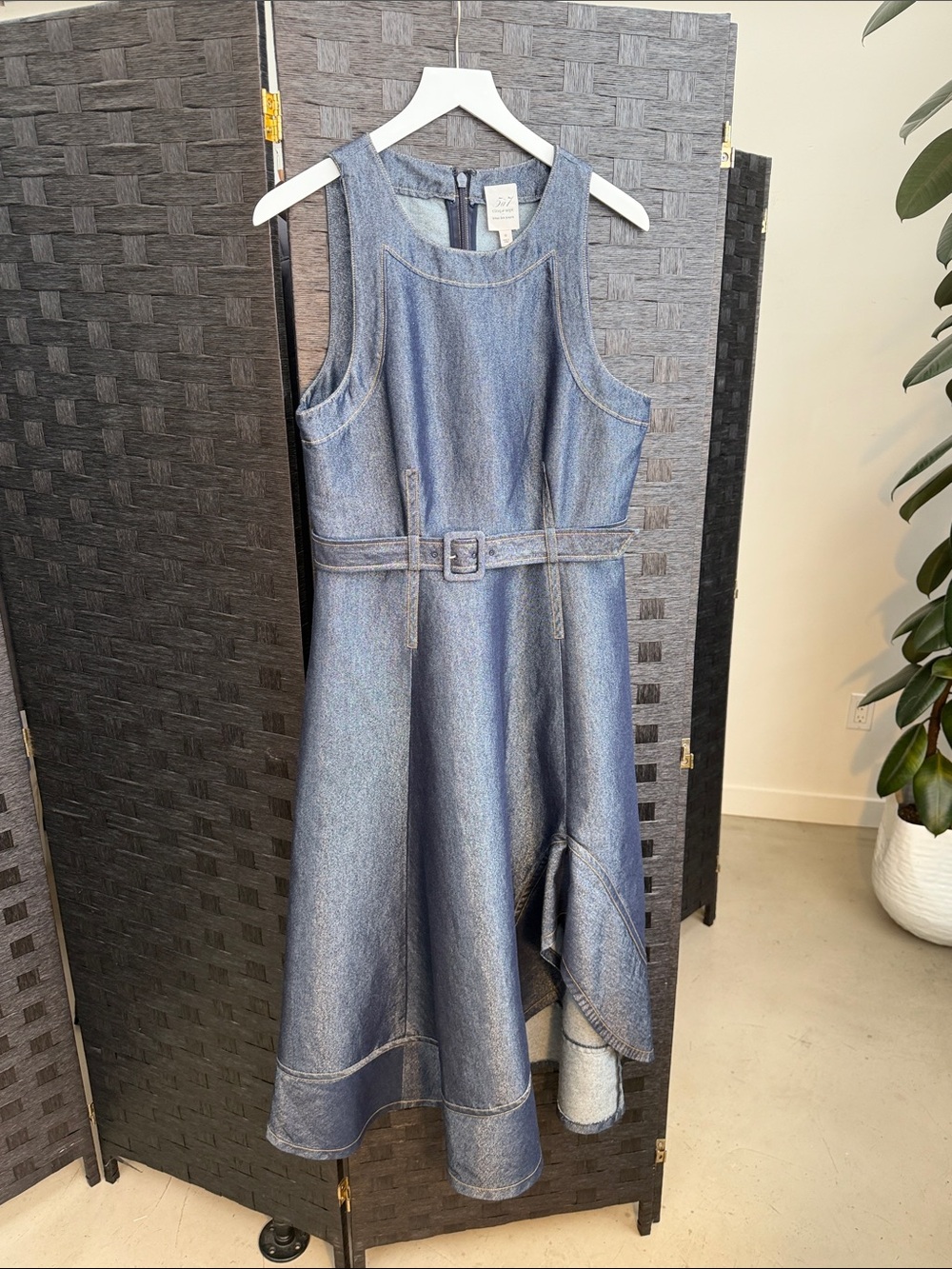 Sleeveless Cinq A Sept Blue silver shimmering Denim Belted Midi Dress
